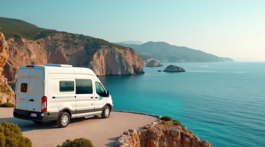 Camper parcheggiato sulla costa rocciosa della Sardegna con vista sul mare cristallino e spiaggia sottostante