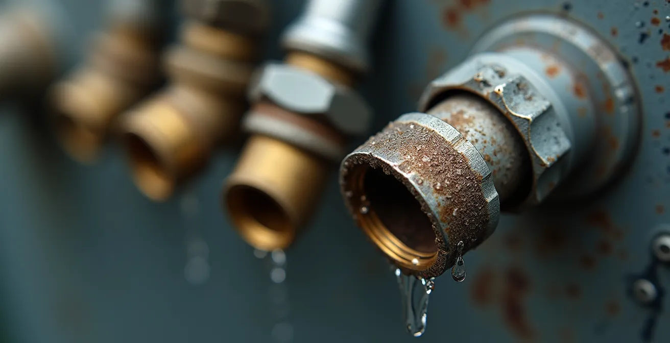 Close-up dettagliato di tutte le stazioni di servizio per camper: connettori idrici, elettrici, e sistemi di scarico, con texture di materiali industriali